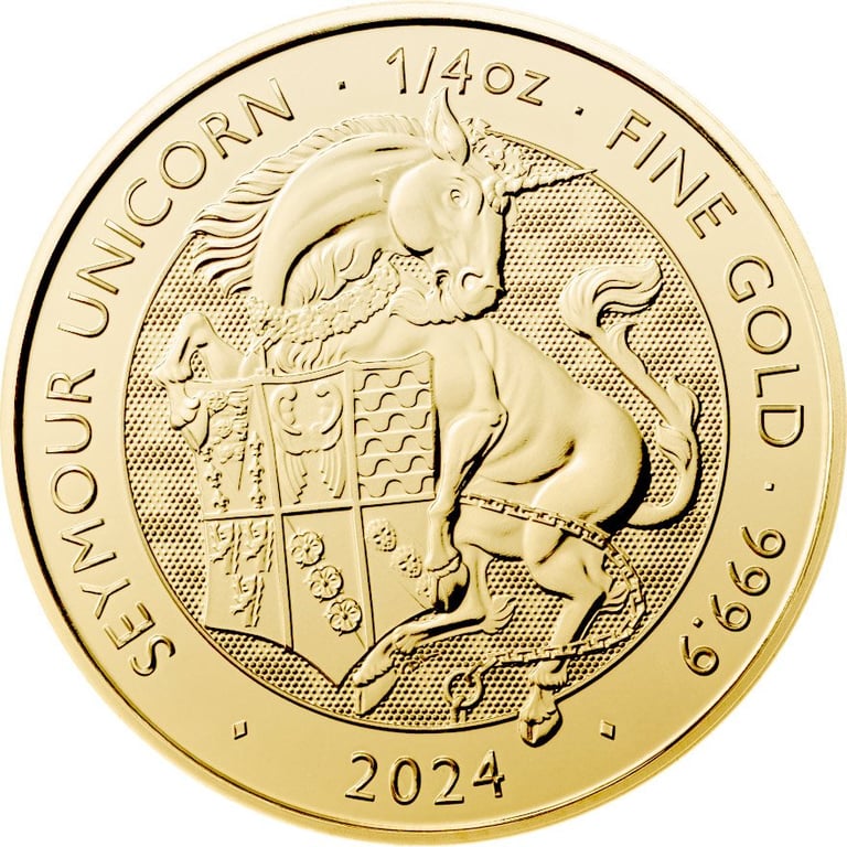 Front of the Gold Seymour Unicorn 1/4 oz - Royal Tudor Beasts 2024