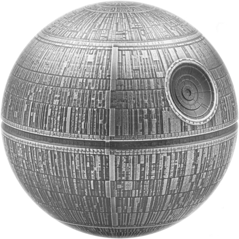 Front of the Silver STAR WARS Death Star - 3D round coin 100 g antique finish