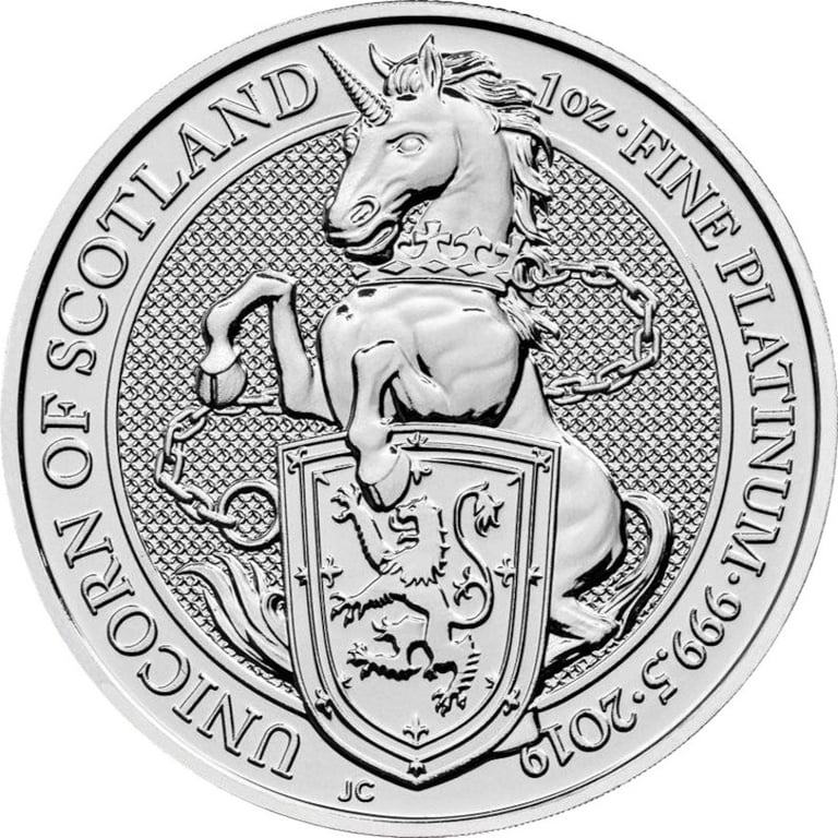 Front of the Platinum The Queen's Beasts 1 oz - Unicorn of Scotland 2019