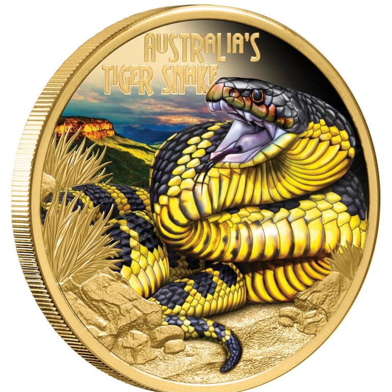 Side view of the Gold Deadly & Dangerous 1 oz PF - Tiger Snake 2025