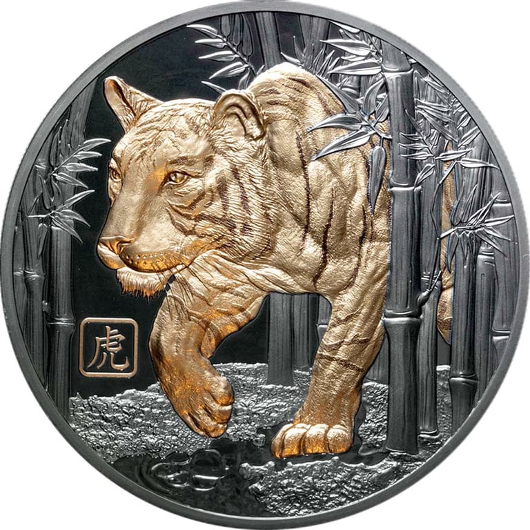 Front of the Silver Year of the Tiger - 5 oz Black Proof - Partially Gold-Plated 2022