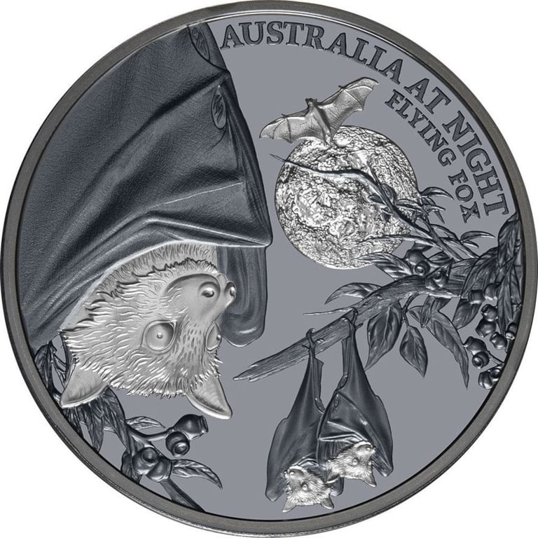 Front of the Silver flying fox 1 oz 2023 - Black Proof