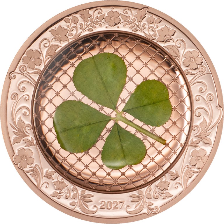 Front of Silver Lucky Clover 1 oz PF - Rose Gold Gilded 2027