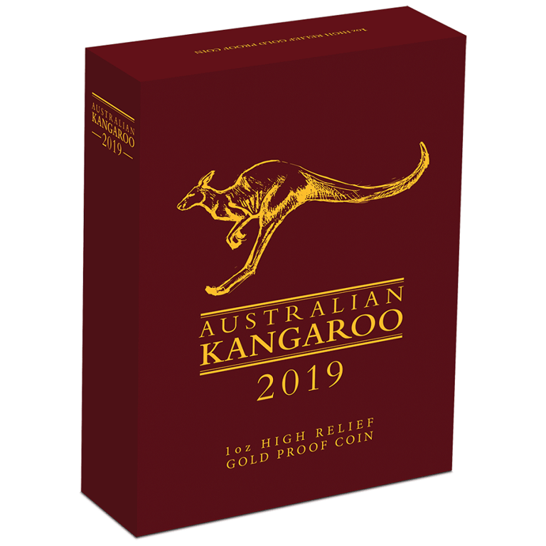 Original coin case of the Gold Kangaroo 1 oz PF - High Relief 2019