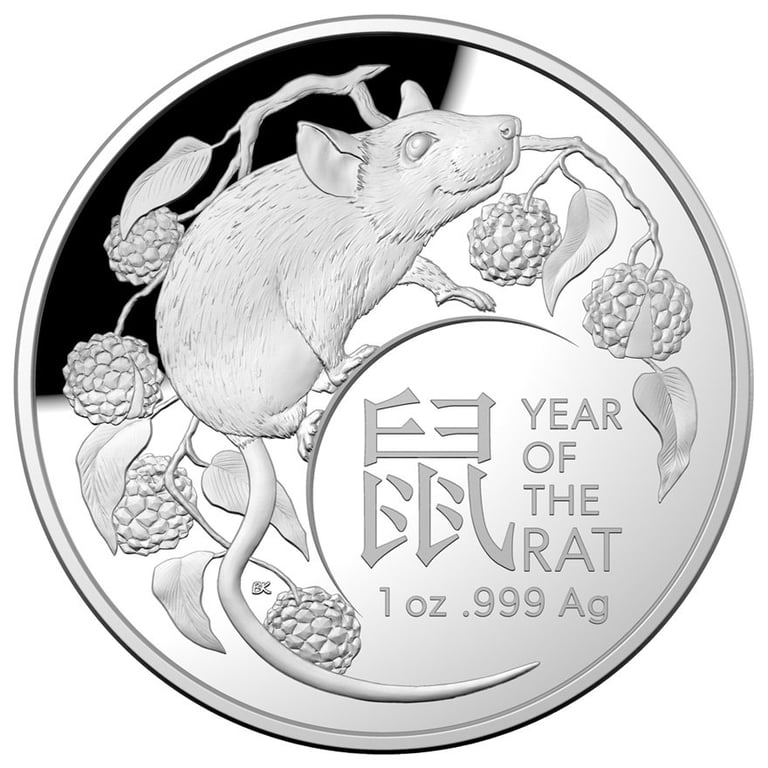 Front of the Silver 1 oz Lunar Rat PF domed coin - RAM 2020