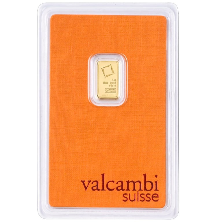 Front of the Gold bar 1 g - Valcambi in the blister card