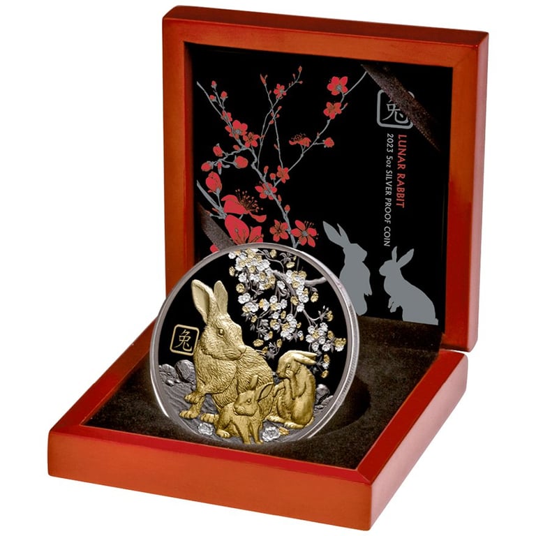 Silver Year of the Rabbit - 5 oz Black Proof - Partially Gold-Plated 2023 in the original coin case