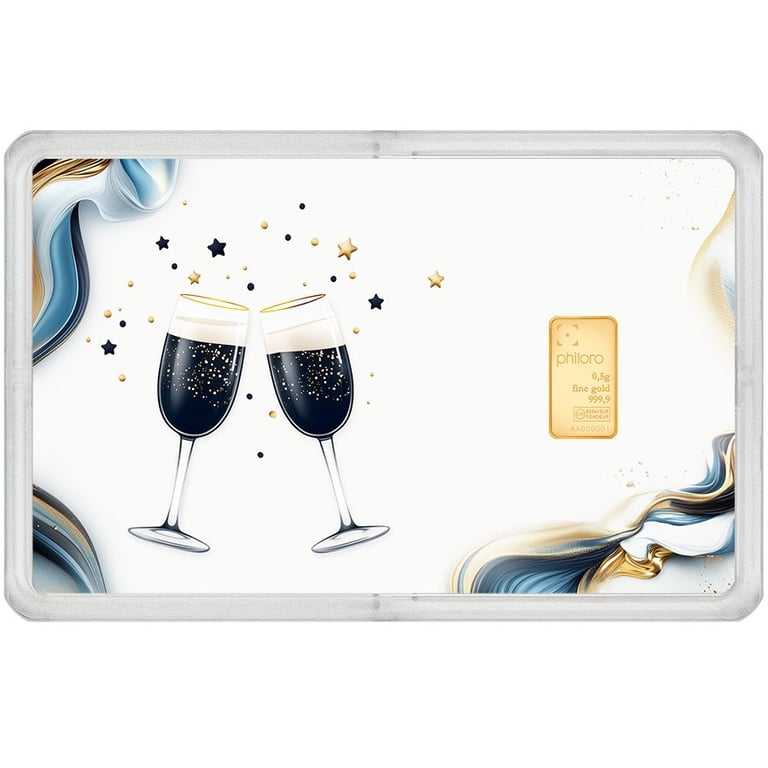Front of the Gold bar 0.5 g - philoro gift card ""Sparkling Joy""