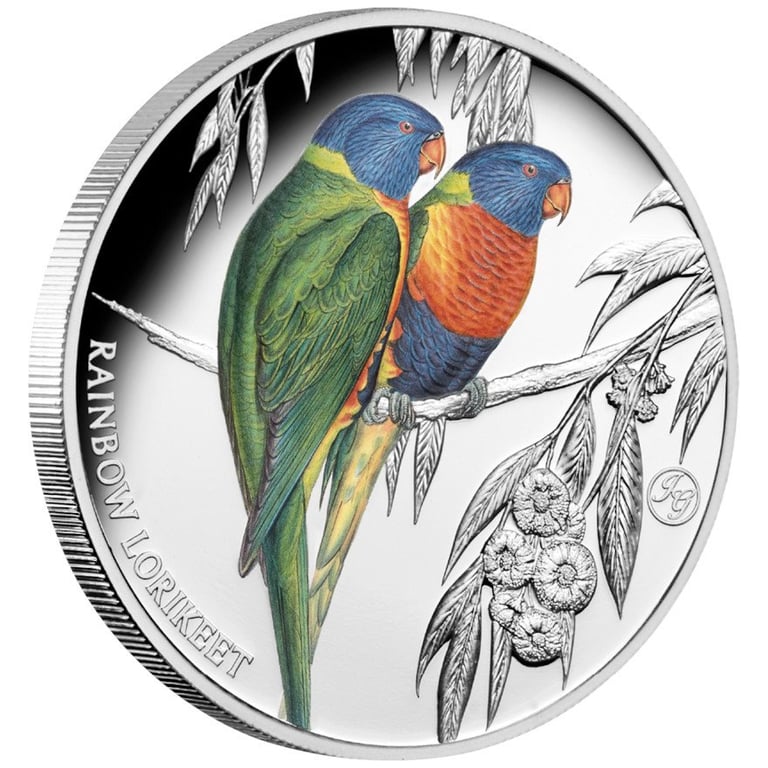 Side view of the Silver Rainbow Lorikeet 1 oz PF