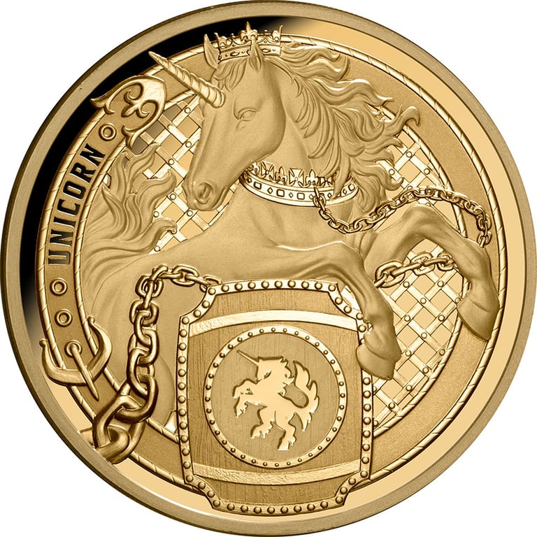 Front of Gold Heraldic Beasts 1 oz Proof - Unicorn 2026
