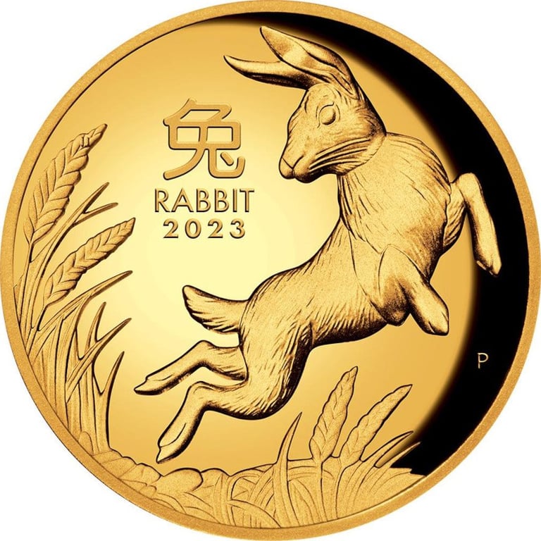 Front of the Gold Lunar III 1 oz Rabbit PF - High Relief 2023