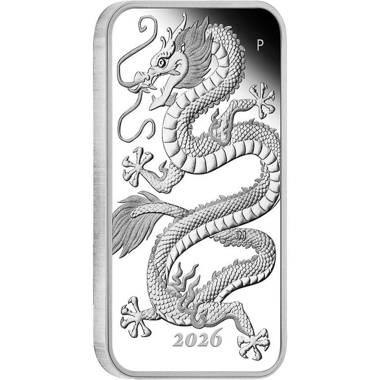 Side view of Silver Dragon Rectangular Coin 1 oz Proof - 2026