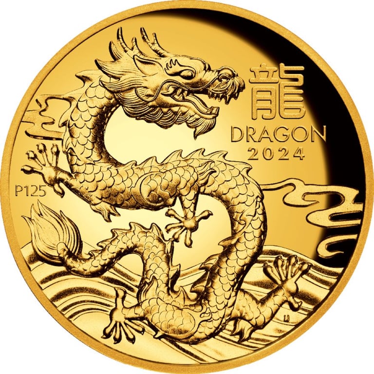 Front of the Gold Lunar III Dragon 1 oz PF - High Relief 2024