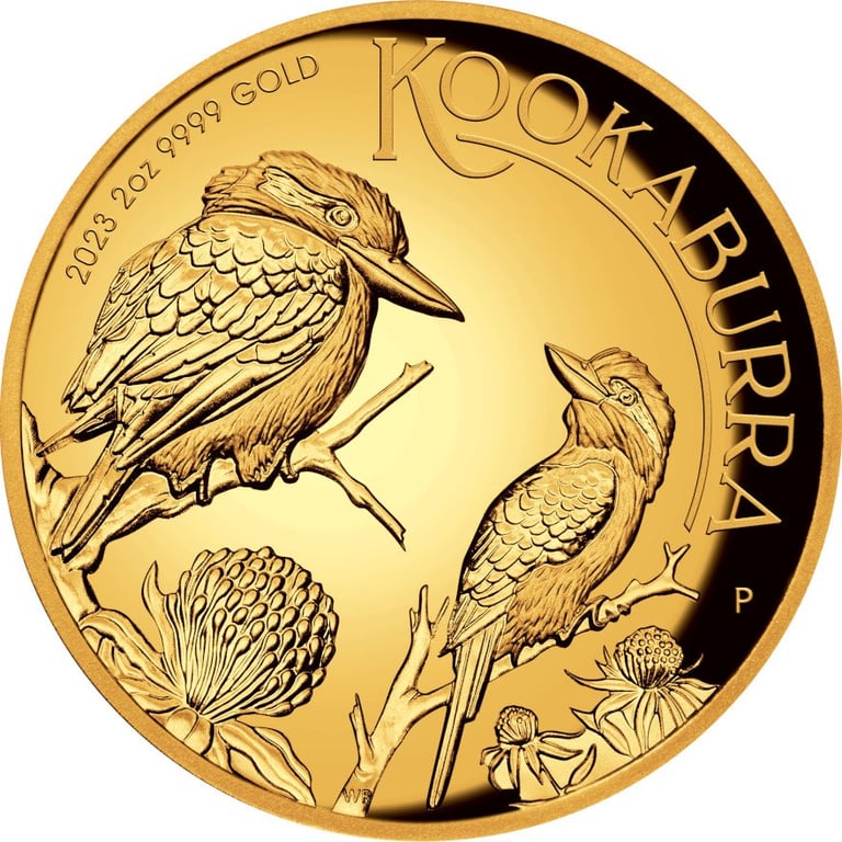 Front of the Gold Kookaburra 2 oz PF - High Relief 2023
