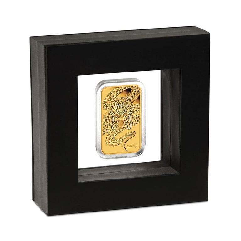 Gold Dragon Rectangle 1 oz Proof - 2025 in the original coin case