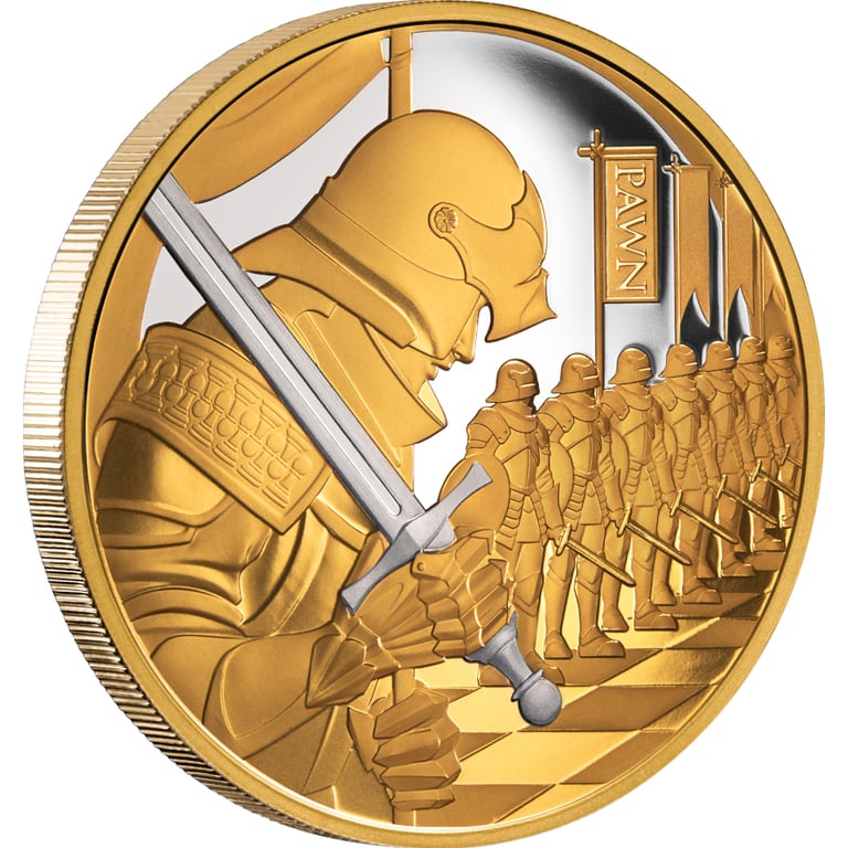 Side view of Gold Chess Pawn 1 oz Proof – Platinum-Plated 2026