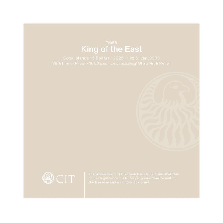 Original coin case of the Silver King of the East - Tiger 1 oz PF - Ultra High Relief