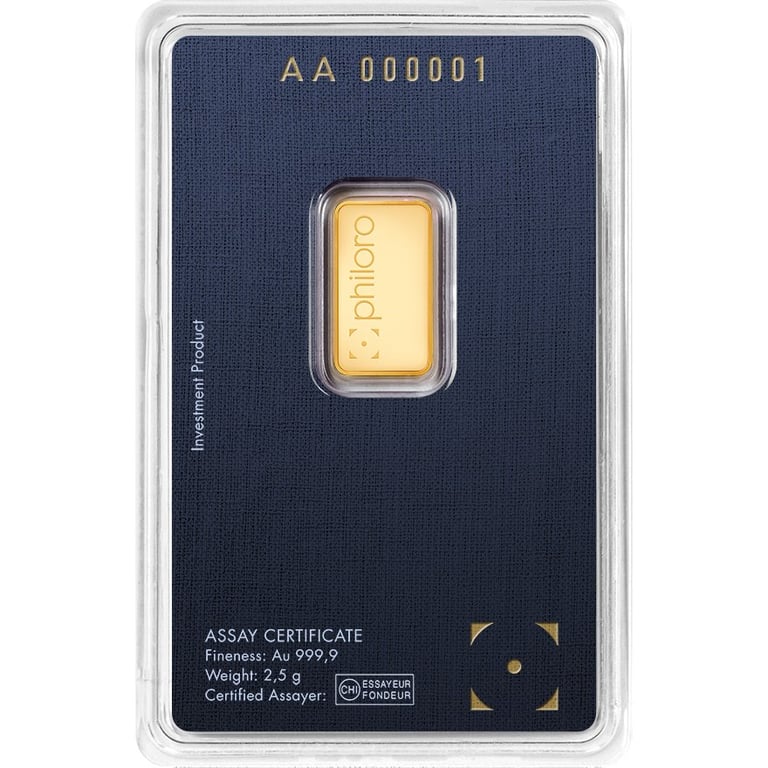 Back of the Gold bar 2,5 g - philoro in the blister card