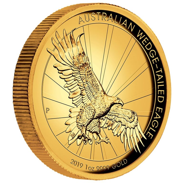 Side view of the Gold Wedge Tailed Eagle 2019 - 1 oz PF High Relief