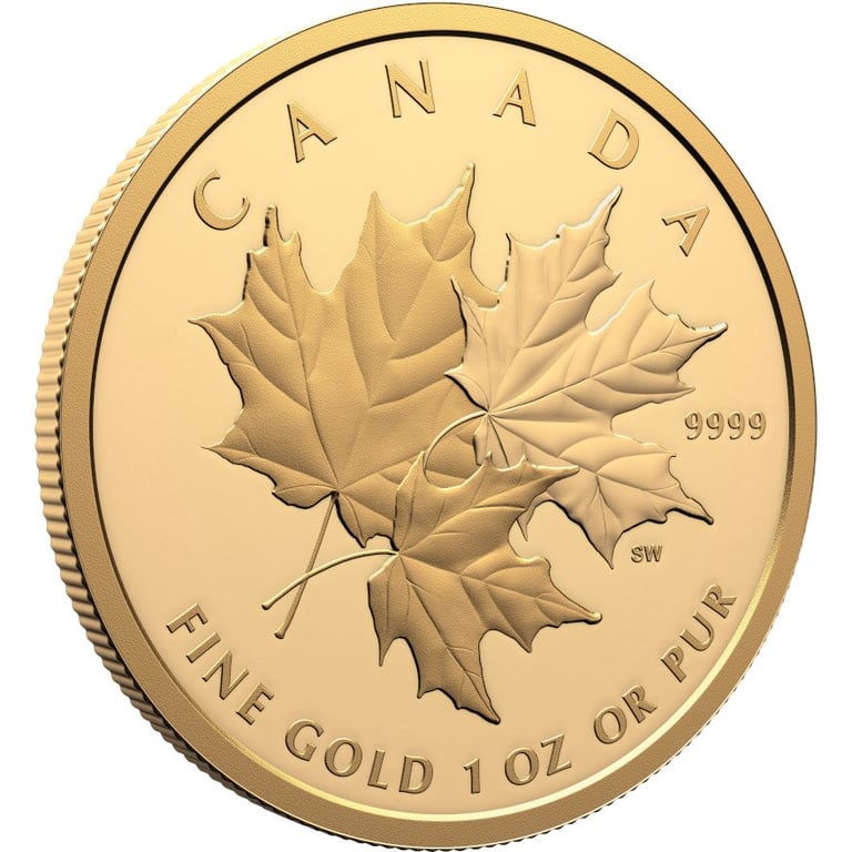 Side view of the Gold Triple Maple Leaf 1 oz PF - 2025