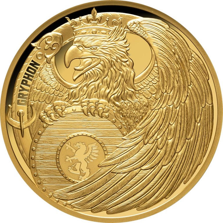 Front of the Gold Gryphon 1 oz PF - Heraldic Beasts 2024