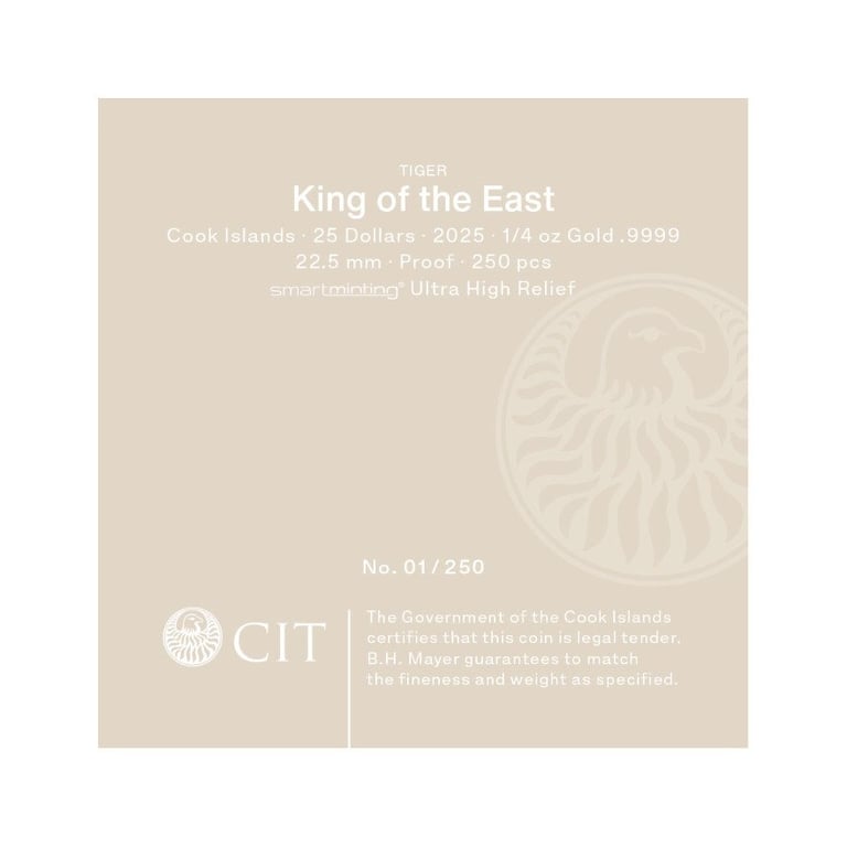 Original coin case of the Gold King of the East - Tiger 1/4 oz PP - Ultra High Relief