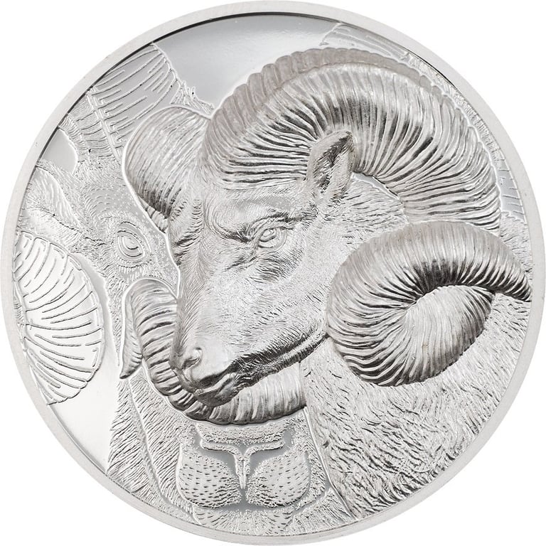 Front of the Silver Magnificent Argali 1 oz PF - High Relief - 2022