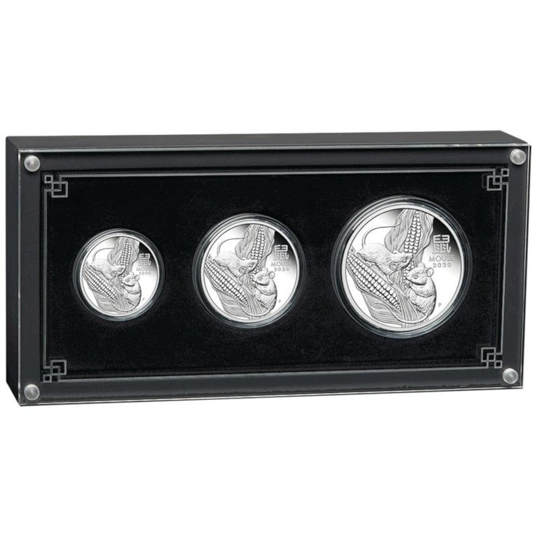 Front of the Silver Lunar III 3 Coin Set Mouse PF - 2020