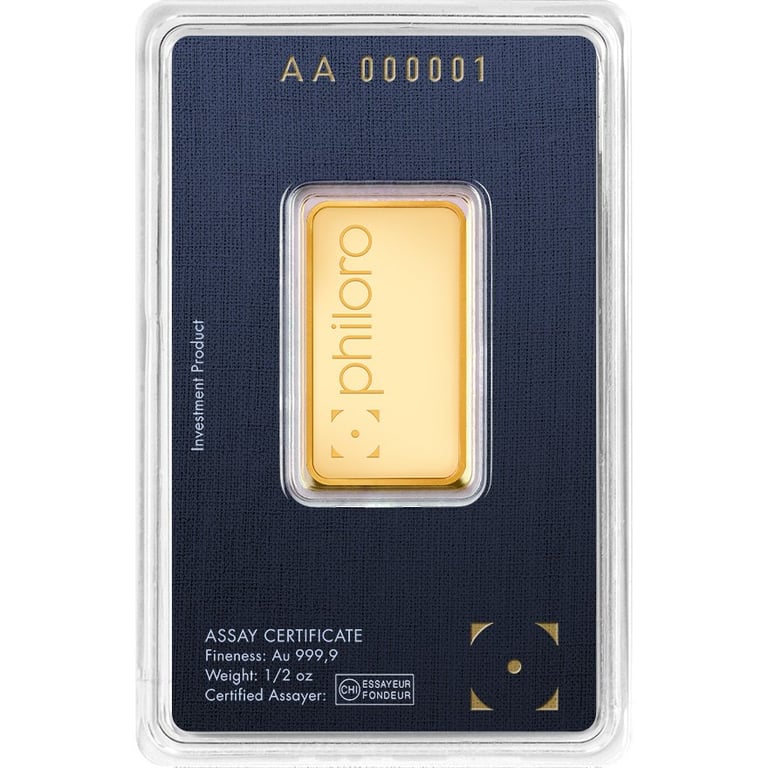 Back of the Gold bar 1/2 oz - philoro in the blister card
