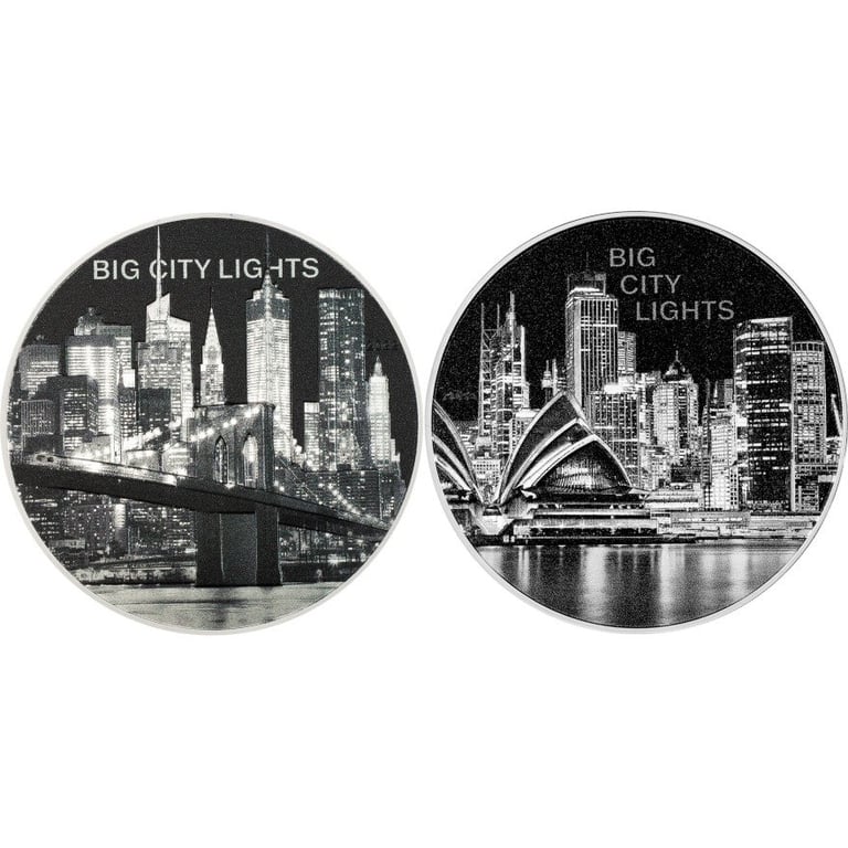 Front of the Silver coin set - 2 x 1 oz Big City Lights - PF High Relief