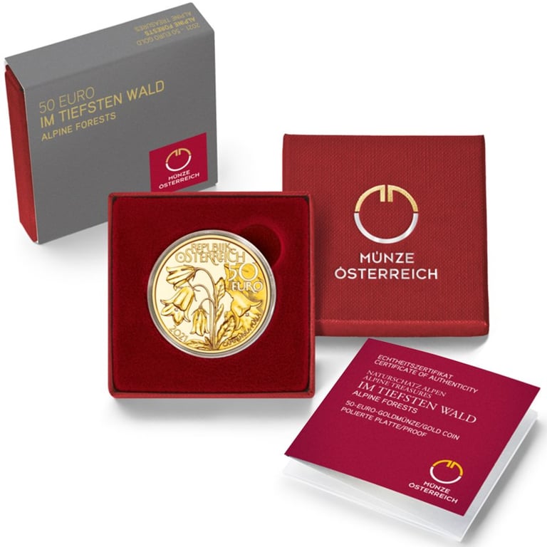 Gold Natural Treasure Alps - In the Deepest Forest 50 EUR AUT PF - 2021 in the original coin case