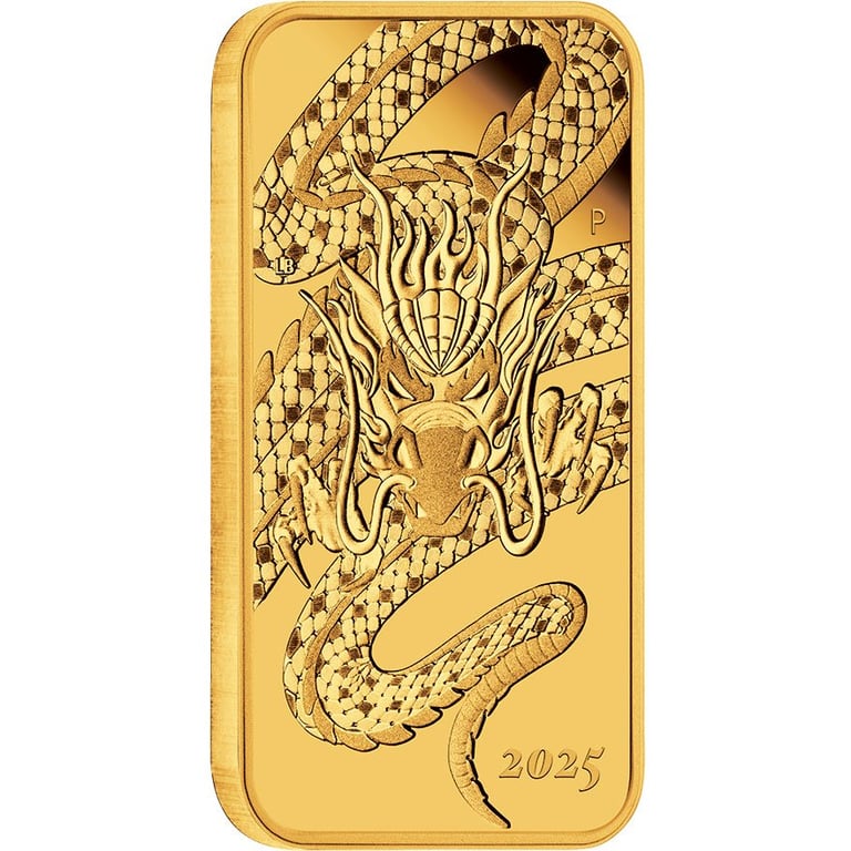 Side view of the Gold Dragon Rectangle 1 oz Proof - 2025