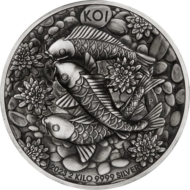 Front of the Silver Koi Fish 2000 g High Relief - Antique Finish 2023