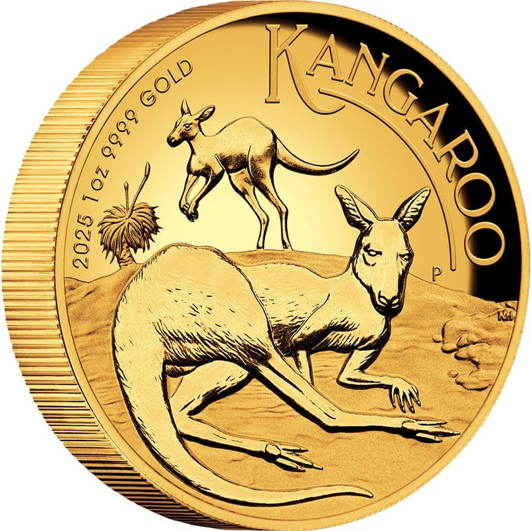 Side view of the Gold Kangaroo 1 oz PF - High Relief 2025