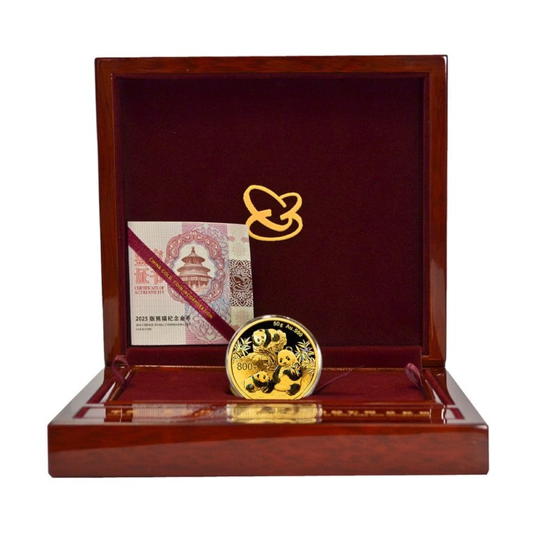 Gold China Panda 50 g PF - Iridescent 2025 in the original coin case