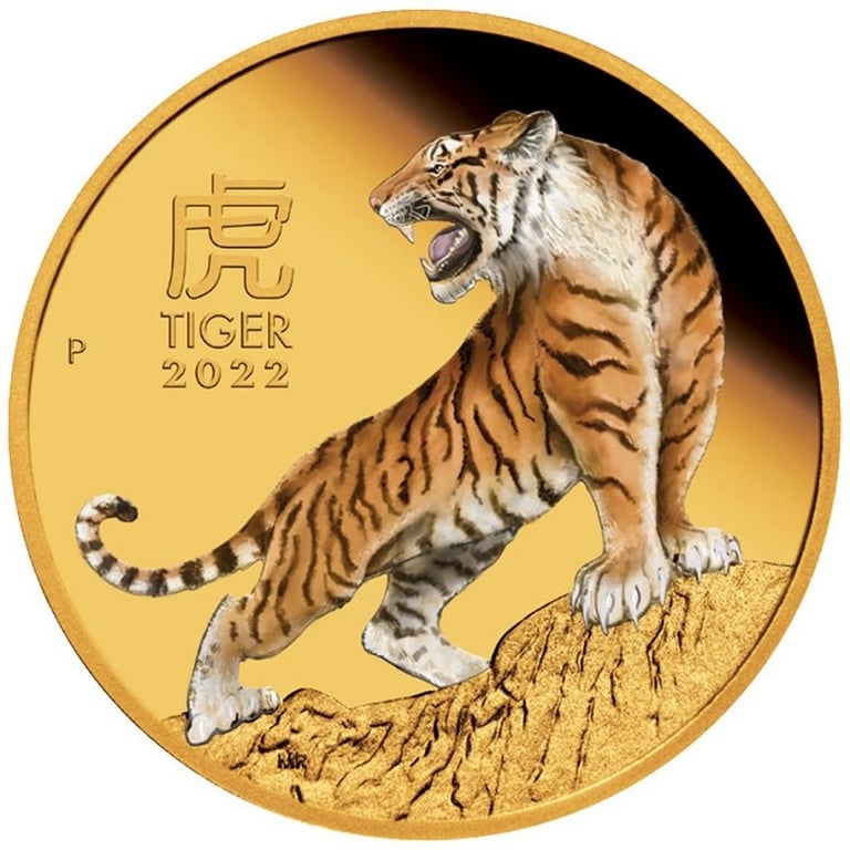 Front of the Gold Lunar III Tiger 1 oz PF - colored 2022