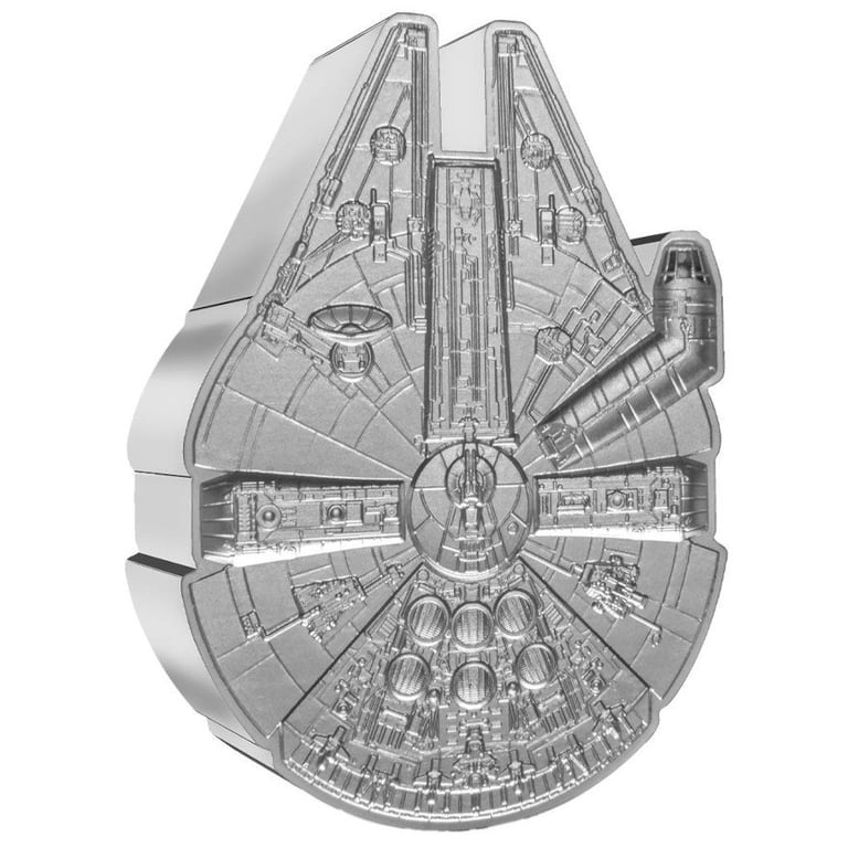 Side view of the Silver STAR WARS 3 oz - Millennium Falcon - Proof 2022