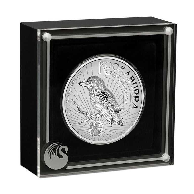 Silver Kookaburra 5 oz PF - 35th Anniversary - Incused 2025 in the original coin case