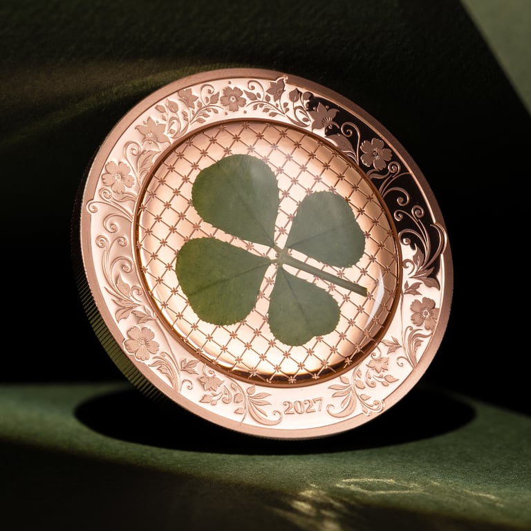 Mood Shot of Silver Lucky Clover 1 oz PF - Rose Gold Gilded 2027