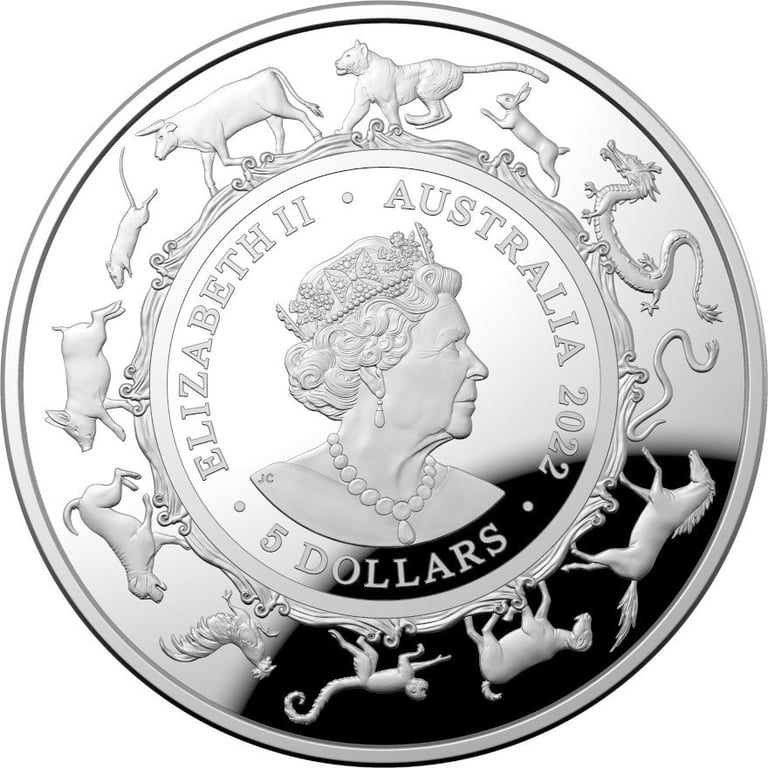 Back of the Silver 1 oz Lunar Tiger PF domed coin - RAM 2022