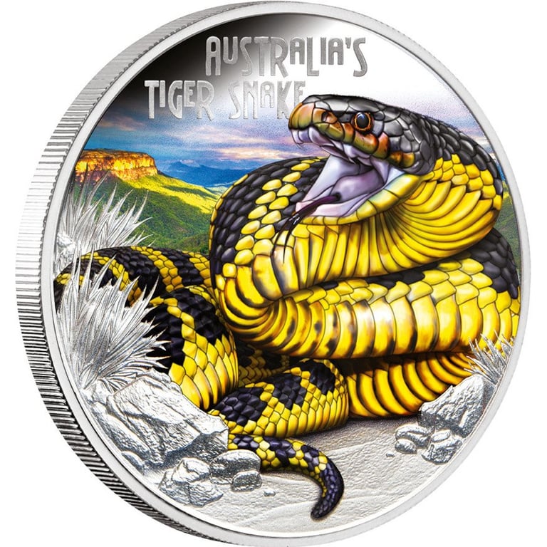 Side view of the Silver Deadly & Dangerous 1 oz PF - Tiger Snake 2025