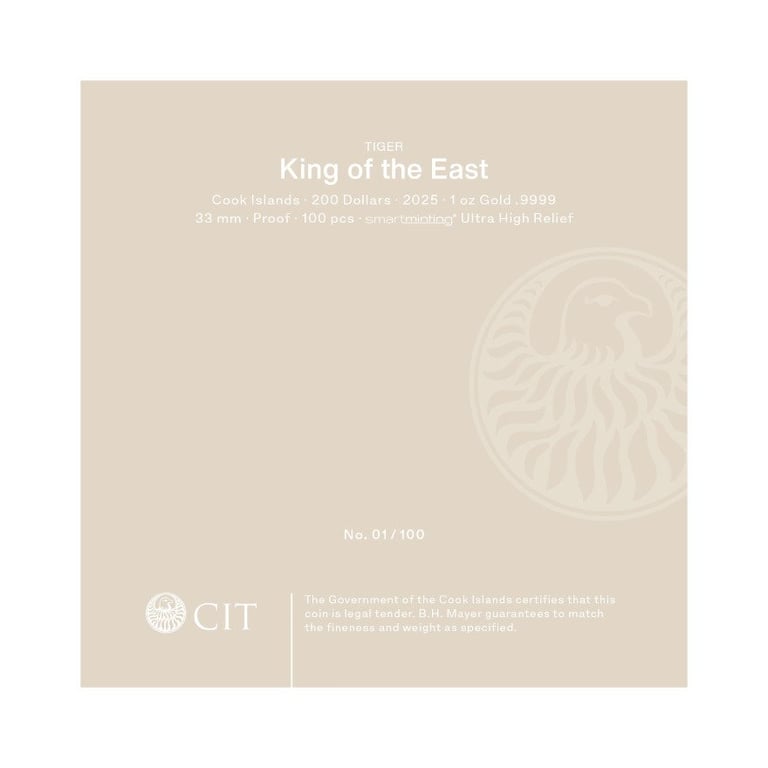 Original coin case of the Gold King of the East - Tiger 1 oz PF - Ultra High Relief