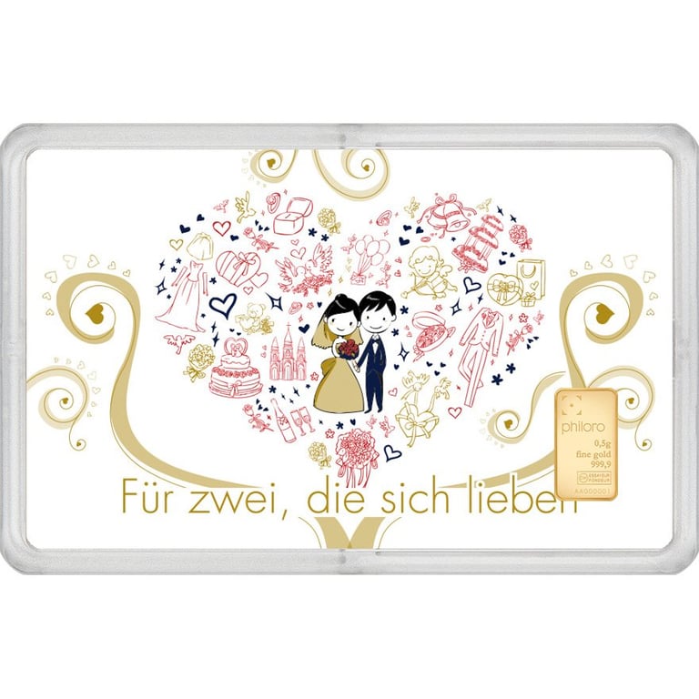Front of the Gold bar 0.5 g - philoro gift card ""For two who love each other""