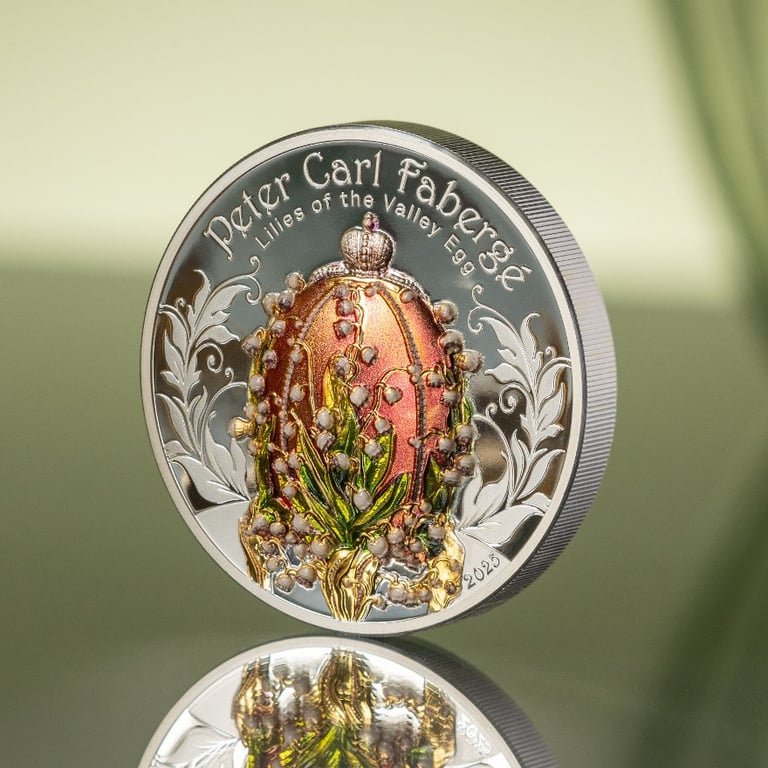 Side view of the Silver Fabergé - Lilies of the Valley 2 oz PF - High Relief 2025