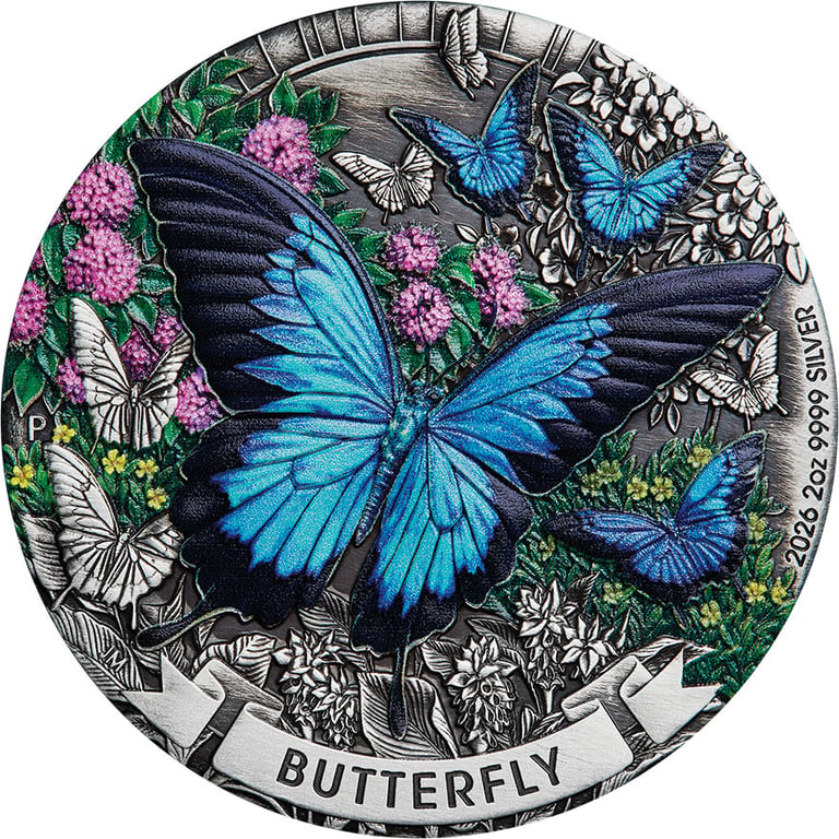 Front of Silver Butterfly 2 oz – Antique Finish 2026