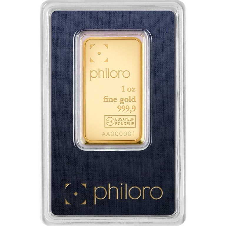 Front of the Gold bar 1 oz - philoro in the blister card