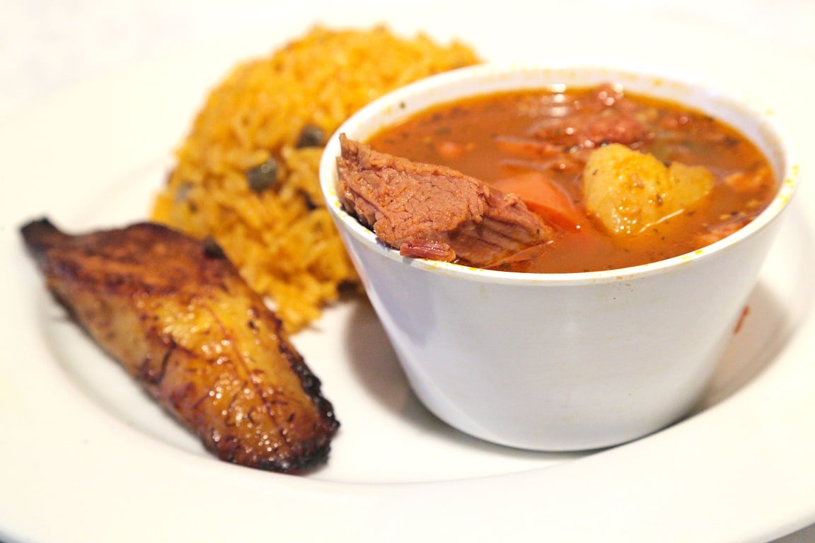 Beef Stew, Rice & Beans, Plantain