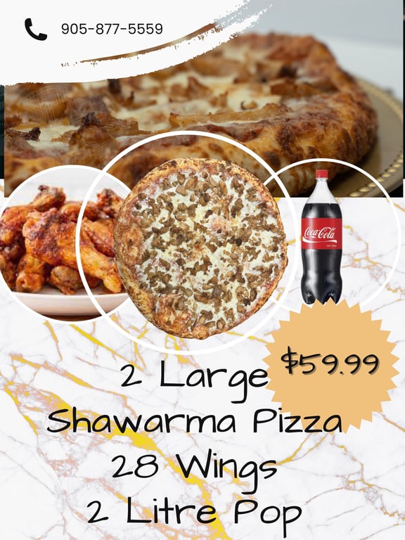 Super Bowl - 2 Large Chicken Shawarma Pizza 28 wings 2L Pop