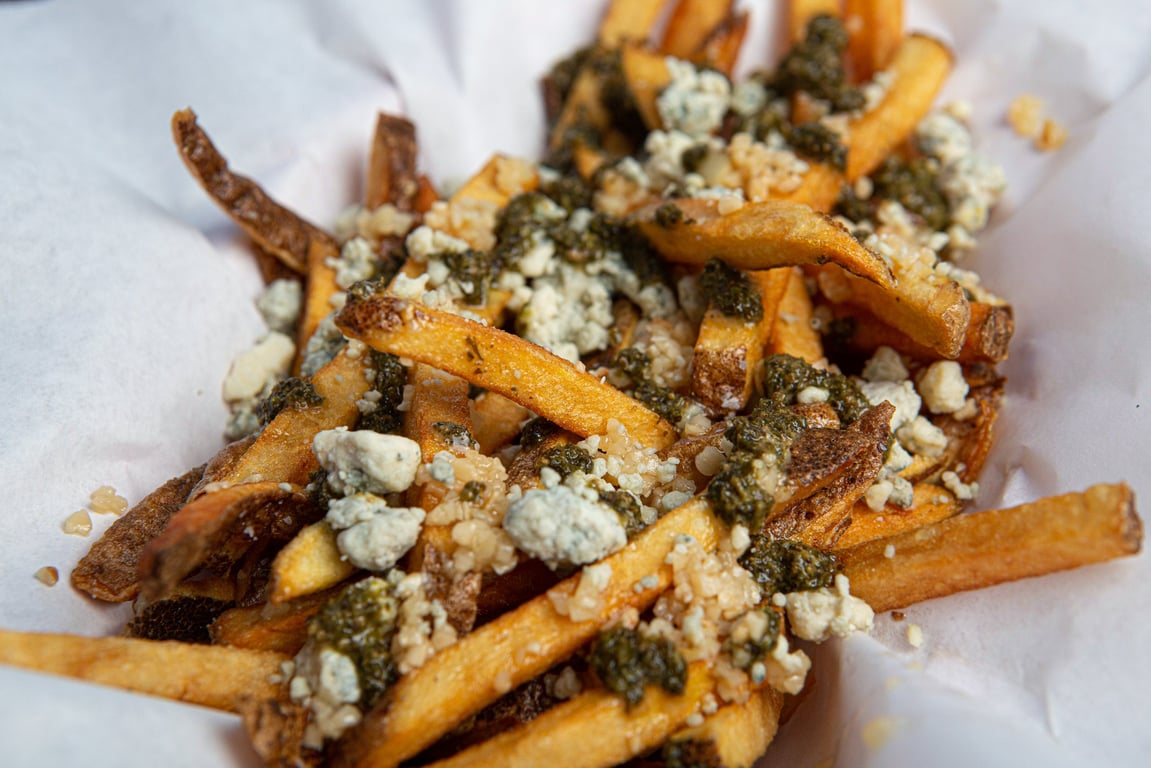 Garlic Pesto Blue Cheese Fries