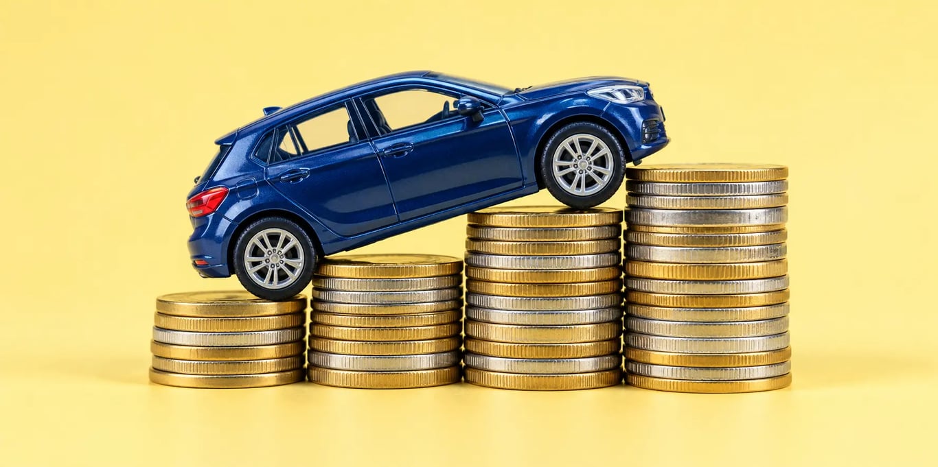 Red toy car on stacked coins
